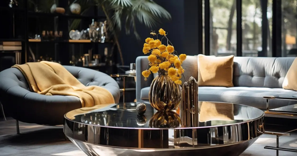 Affordable alternatives to designer furniture- living room with metal coffee table and other textures